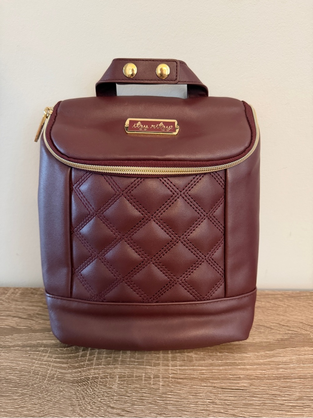 Quilted Wine Leatherette Men’s Backpack - Gold Trim